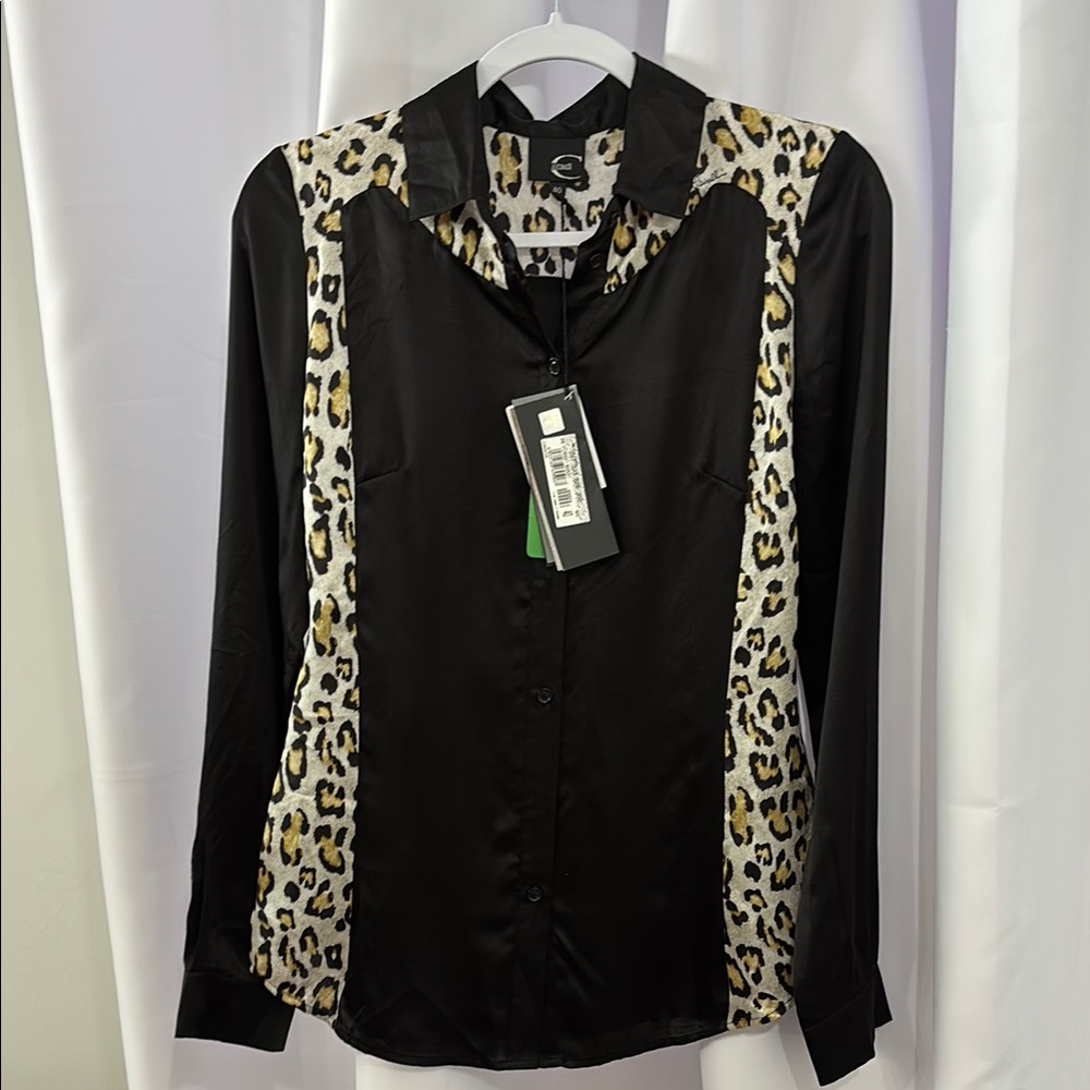 Just Cavalli Black and Leopard Print Button Down Shirt size 40
